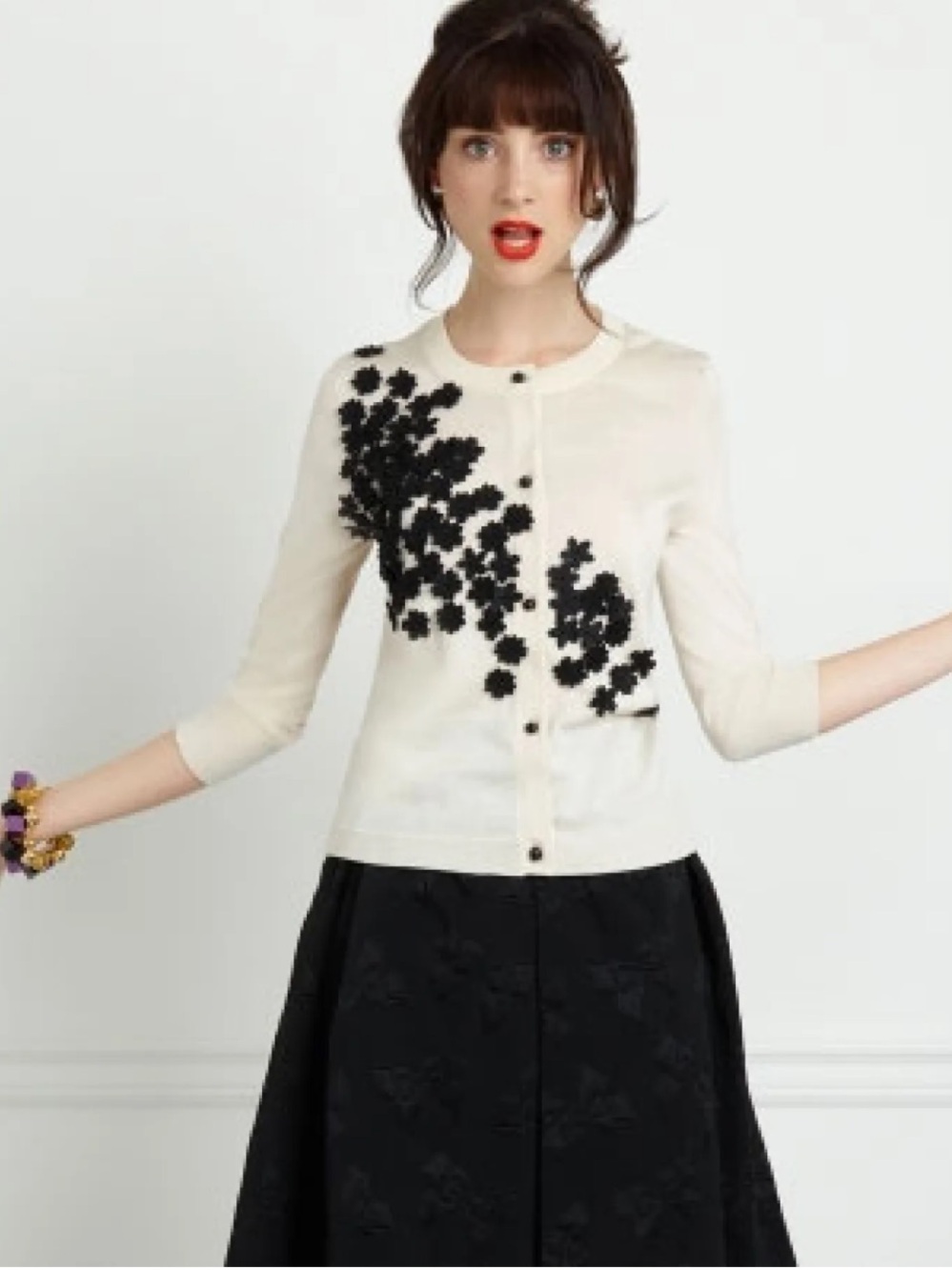 KATE SPADE XS Silk Cotton Cashmere Blend Cream  Black Flowers Cardigan
